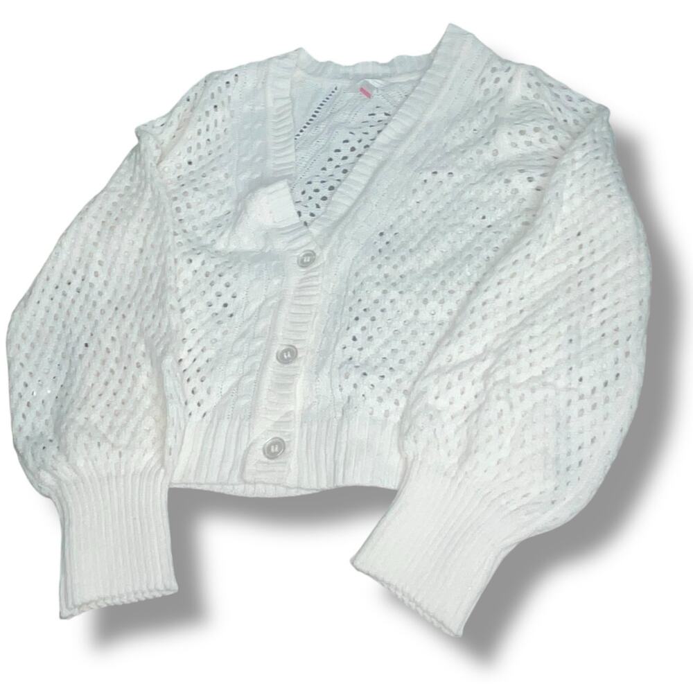 No Boundaries Juniors L 11-13 White Mesh Cardigan Open Front Knit Sweater NWT - Picture 9 of 11